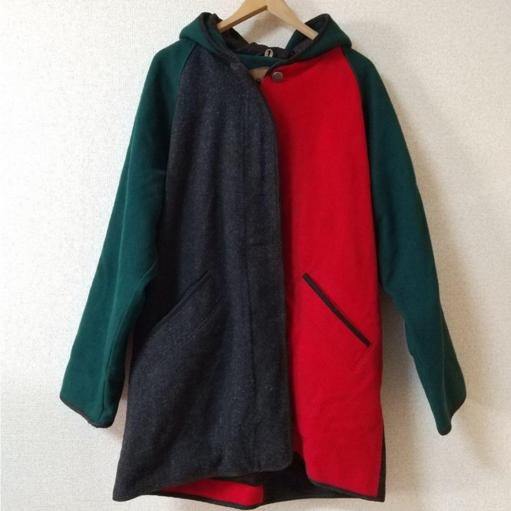 Vintage 80s Woolrich Wool Color Blocked Winter Cost W/ Hood Made in USA Medium